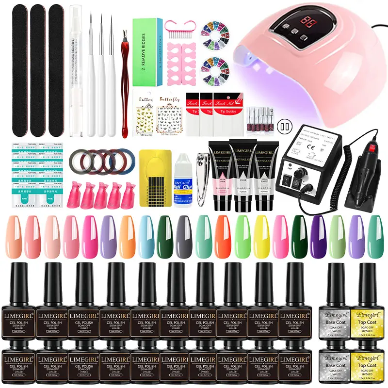 Acrylic Manicure Kit Gel Nail Polish Kit with UV LED Light Dryer Semi-Permanent Gel Varnish Quick Build Kit Professional Manicur