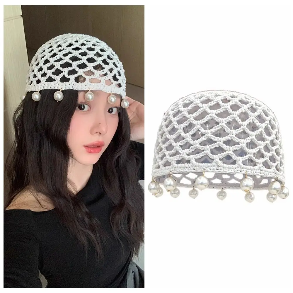 Casual Round Beads Crochet Hollow Tassels Knitted Hat Hollow Out Cap Knit Beanies Korean Thin Ethnic Style Hat Girls