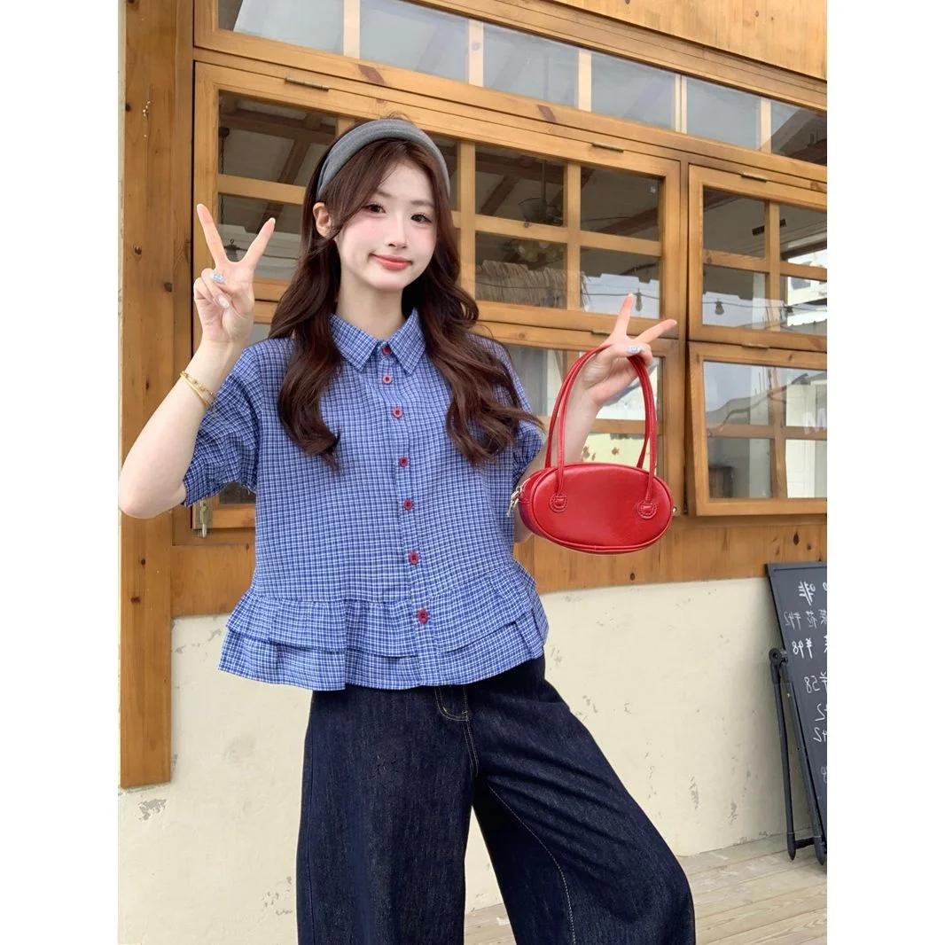 

Miu Style Blue Plaid Bubble Sleeve Shirt Women's Short New Elegant Lace Trim Shirt Top 2026 Spring Summer Fashion Ladies