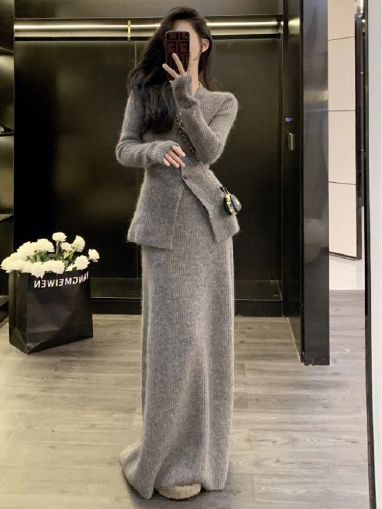 Winter Women\'s Knitted 2 Pieces Casual V Neck Women Coat Long Sleeve Sweater Suit Vintage Two Piece Set High Waist Skirt Women