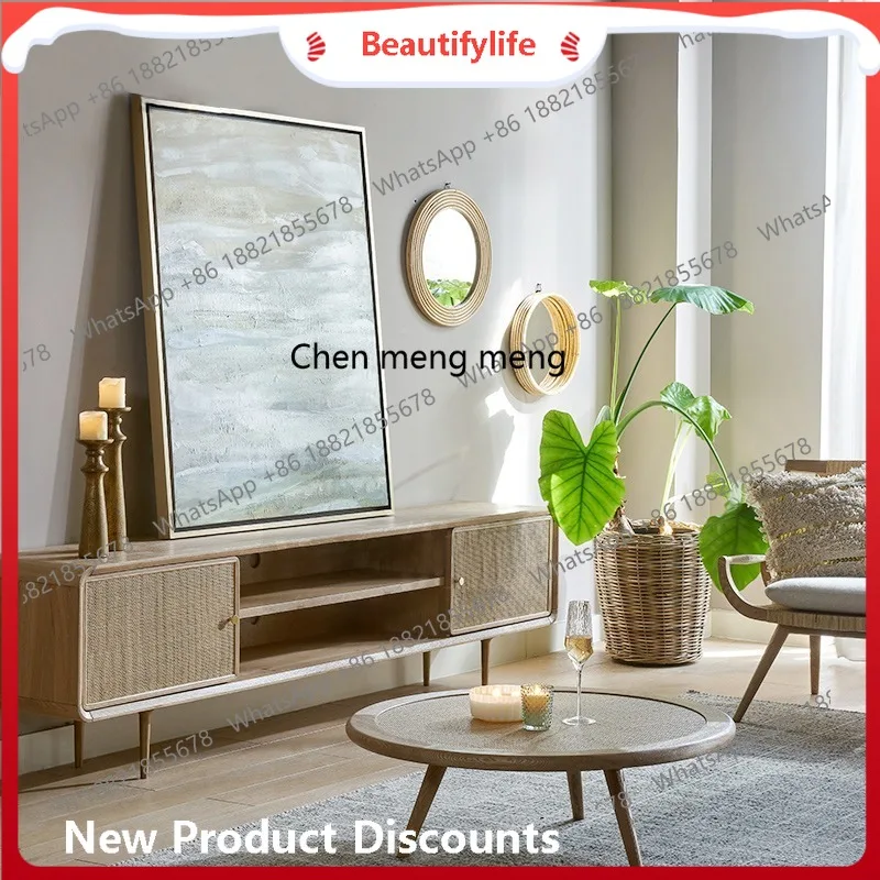 

Nordic solid wood TV simple rattan floor cabinet modern simple bedroom living room locker H