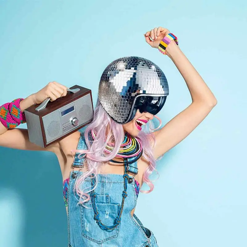Disco Ball หมวกกันน็อก Glitter กระจกแก้ว Punk เครื่องแต่งกายหมวก Disco Ball หมวกกันน็อกแบบพับเก็บได้ Visor Disco Ball หมวกสําหรับบาร์ DJ Club