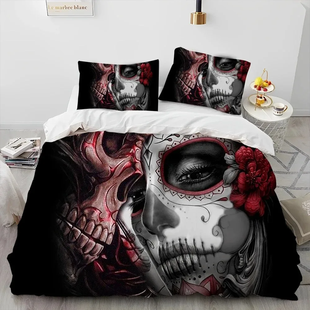 

3D Horror Gothic Female Skull Dead Girl Comforter Bedding Set Duvet Cover Bed Set Quilt Cover Pillowcase,Queen Size Bedding Set