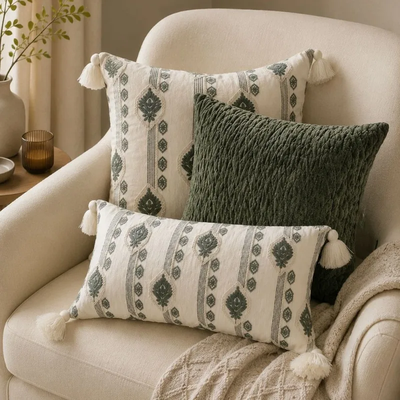Sage Green Cream Boho Cushion Cover Vintage Embroidered Tassel Soft Velvet Quilted Textured Pillow Cover Farmhouse Home Decor