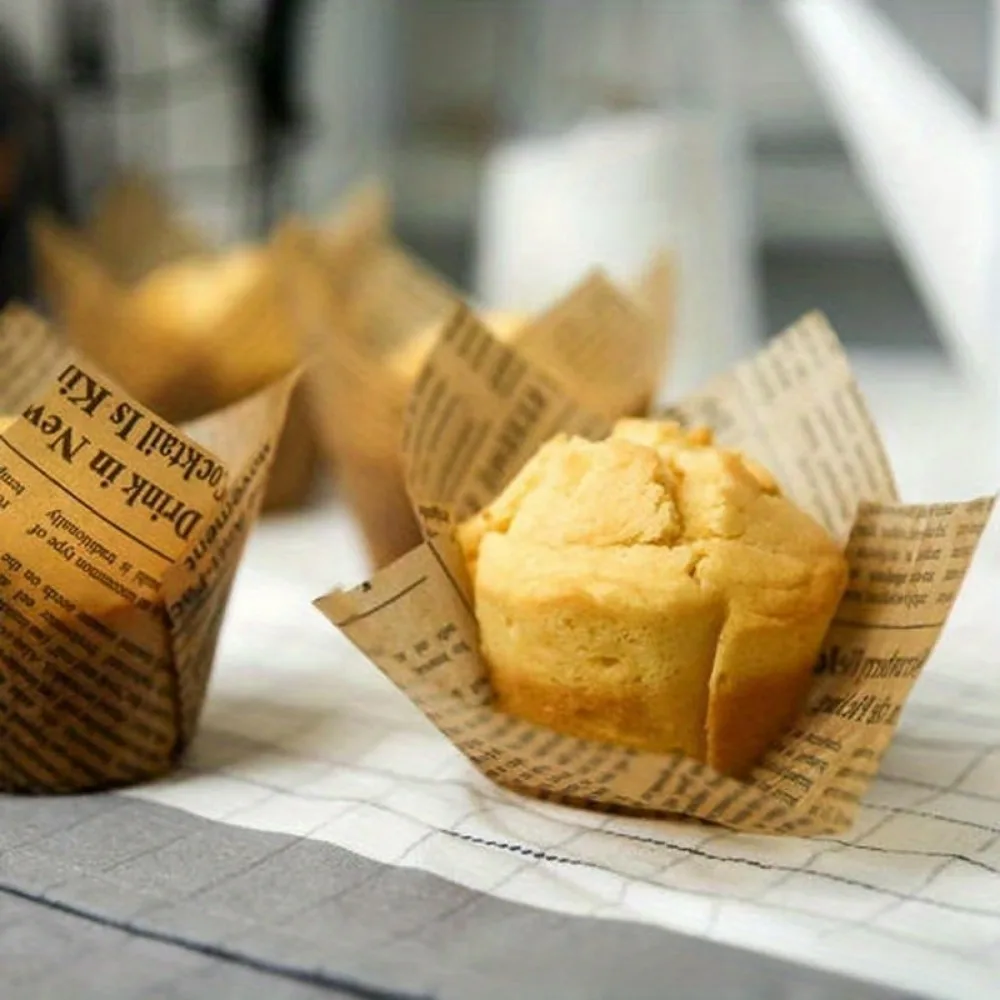 50pcs Newspaper Style Baking Cup Cupcake Liner For Wedding Party Caissettes Tulip Muffin Cupcake Paper Cup Oilproof Cake Wrapper