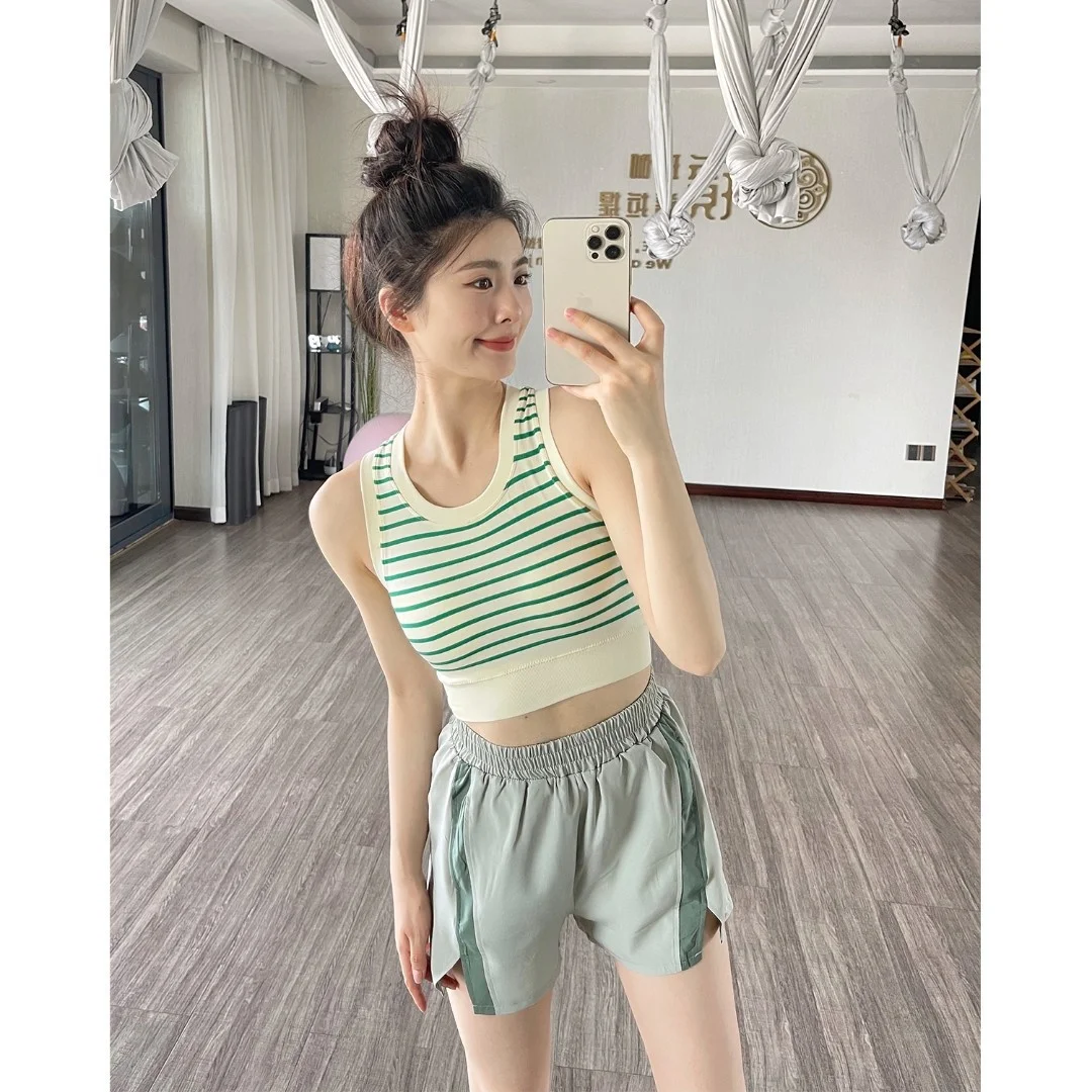 

Женский жилет для йоги в горизонтальную полоску с высокой поддержкой, быстросохнущий спортивный бюстгальтер пуш-ап, верхняя одежда для фитнеса на лето