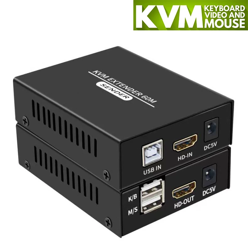 60M HDMI KVM Extender ponad Cat5e Cat6 1080P HDMI USB KVM Ethernet Extender nadajnik z pętlą obsługuje USB klawiatura mysz