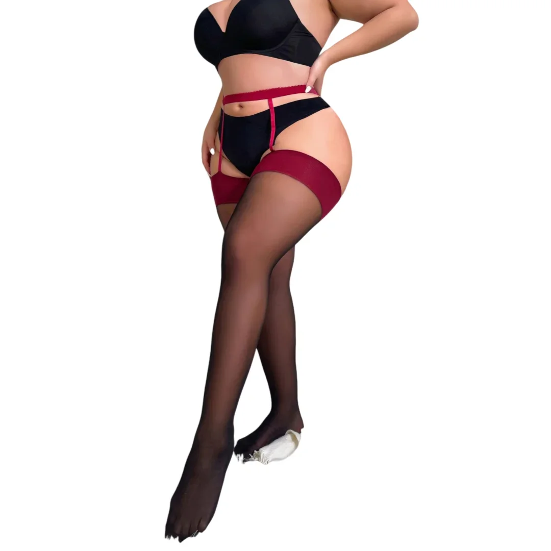 FREEAUCE Hot Sexy XXXXXL Pantyhose Plus Size 50-120KG Fishnet Black Thigh High Stockings with Garter for Oversize Women Tights