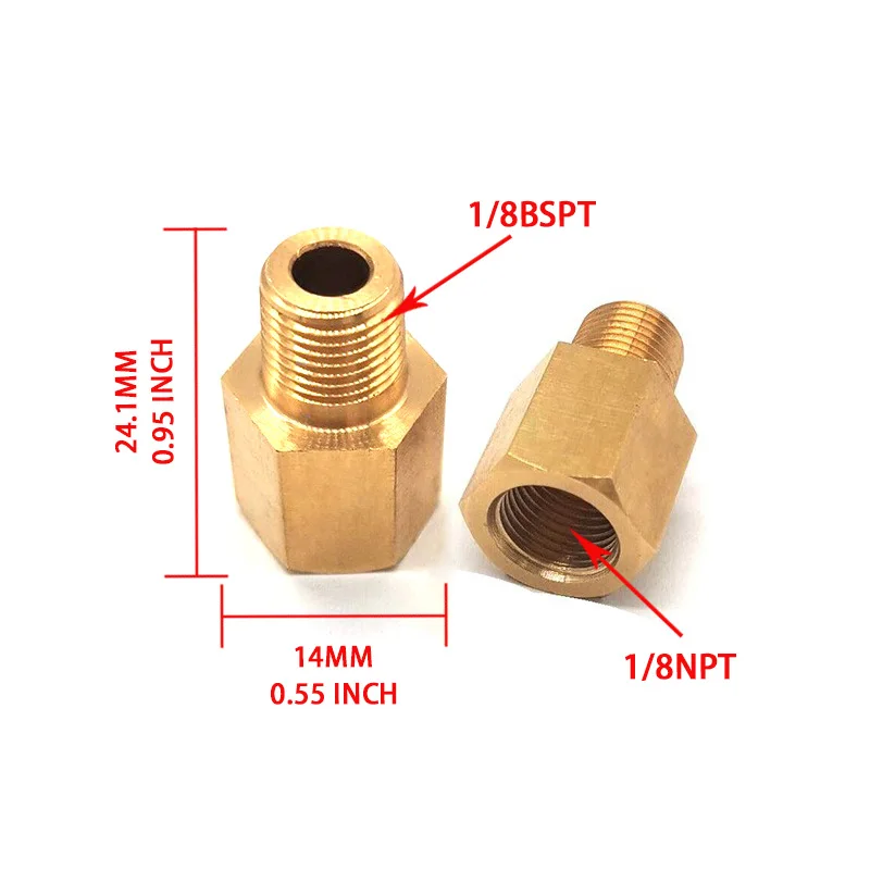 2pcs Taper Pipe Thread Adapter 1/8 NPT Female To 1/8 BSPT Male Reducer Brass Fitting for Sensor Sender Gauge Connector
