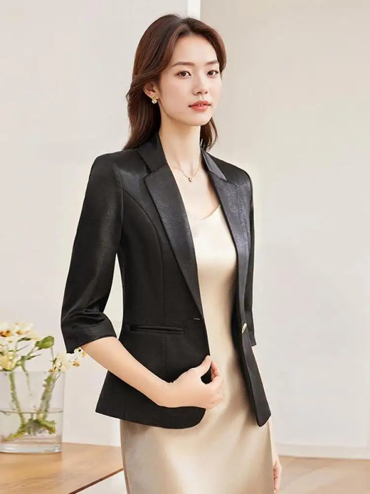 

Spring Summer New Women's Black White Seven Quarter Sleeved Blazers Jacket Korean Style Beige Slim Single Button Short Coat Chic