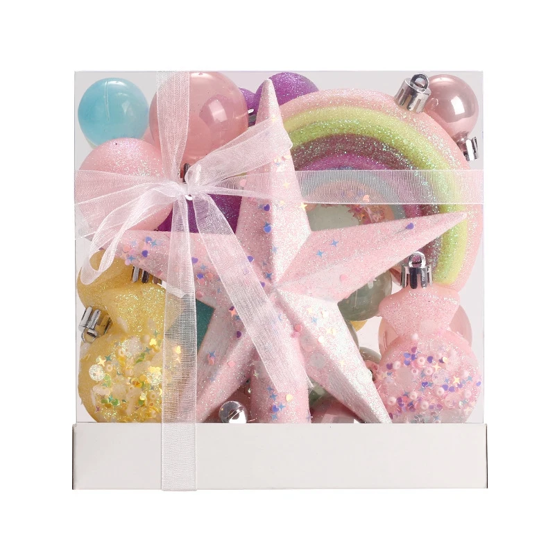 ชุดลูกบอลตกแต่งต้นคริสต์มาสสีรุ้ง1ชุดลูกบอลแบบแขวนดาวแตก + ท็อปเปอร์ต้นคริสต์มาส