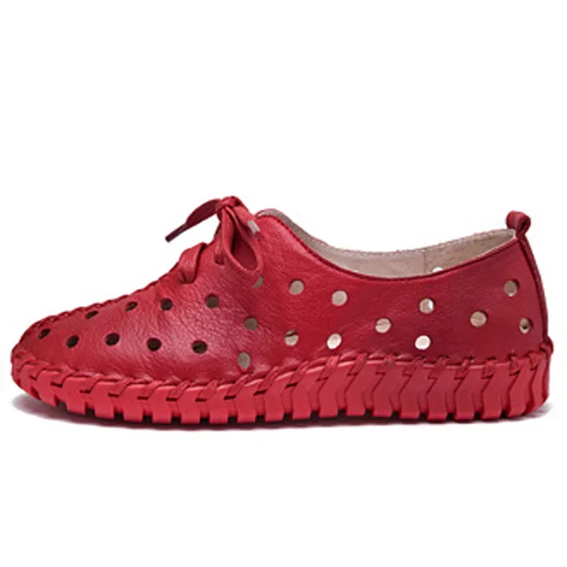 BEYARNE Spring and summer new genuine leather shoes women hollow female Lace genuine leather flats women shoes casual shoes wome