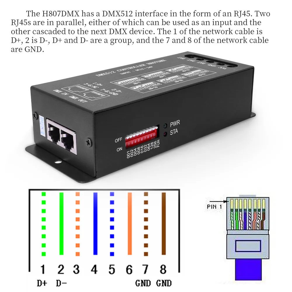 Controlador LED DMX512 H807 RGB, controlador de tira Led DMX WS2811 WS2812B WS2813 WS2815 píxeles, luz de escenario DMX, 1024 píxeles, 13 canales