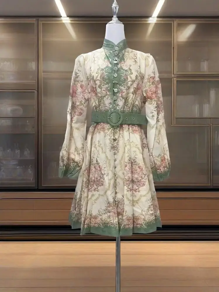 

‘’‘2025 New Style Heavy Work Button Lantern Sleeve Light Green Printed Vacation Casual Long Large Swing Dress With Belt