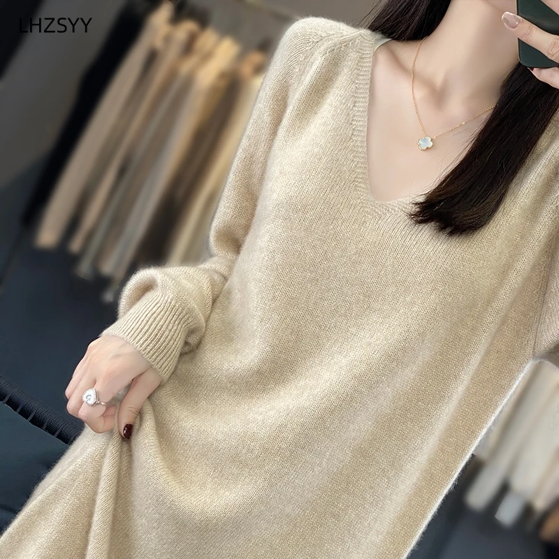 Lhzsyy 100% reines Woll kleid Frauen V-Ausschnitt mittellanges Oberteil loser großer Pullover lang ärmel iger warmer Pullover lässiger Strick langer Rock