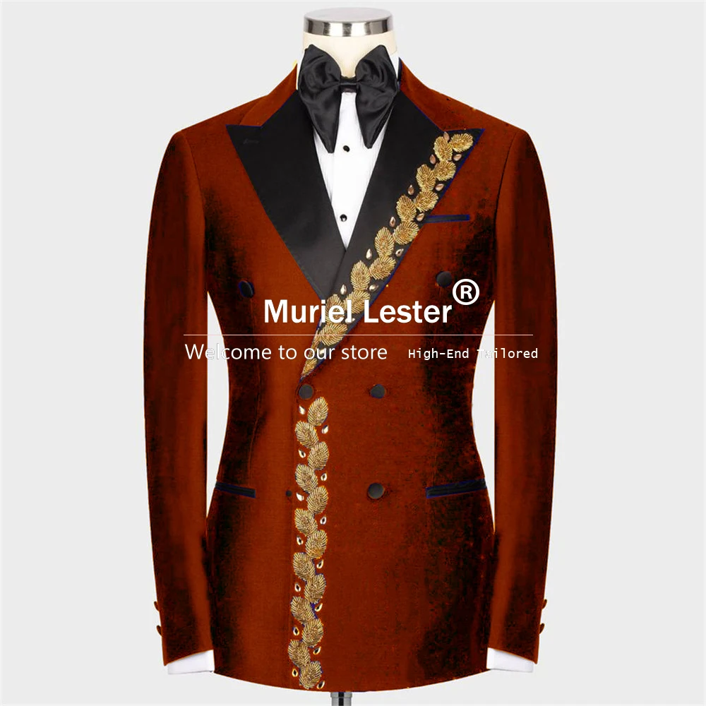 

Handmade Burgundy Suits Men Double Breasted Jacket With Black Solid Pants Formal Groom Wear Wedding Tuxedos Luxury Male Clothing