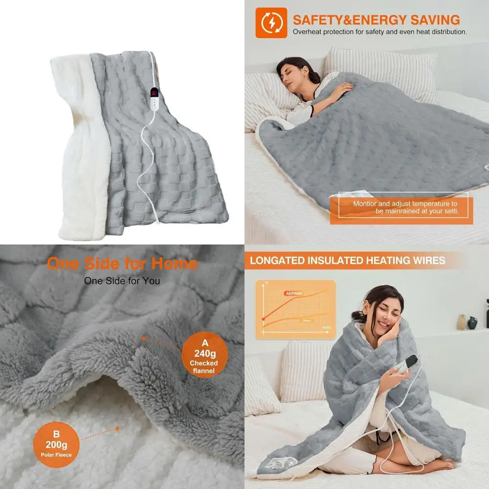 

6-уровневое одеяло с подогревом и 10-часовым автоматическим отключением, плюшевая фланель, быстрое согревание, 90x100 серый