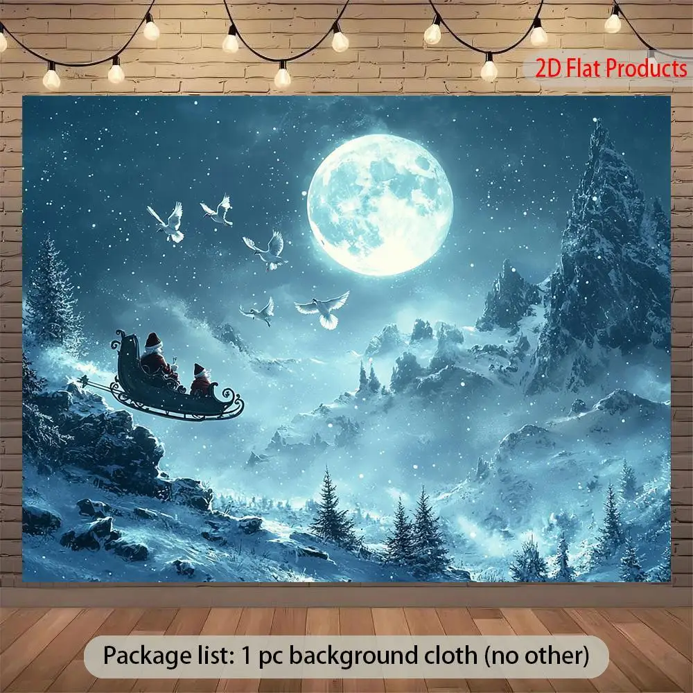2D Flat, 1pc Large Winter Wonderland Santa Sleigh Tapestry Backdrop with Doves, Snowflakes & Full Moon - UV Printed Peach Light
