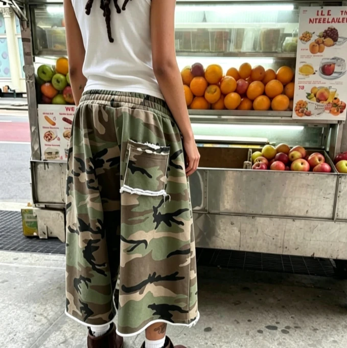 IMU Y2K Vintage Retro Camouflage Camo Print Pocket Burr Wide Leg Sweatshorts Hip Hop Harajuku Streetwear Casual Unisex Shorts pa