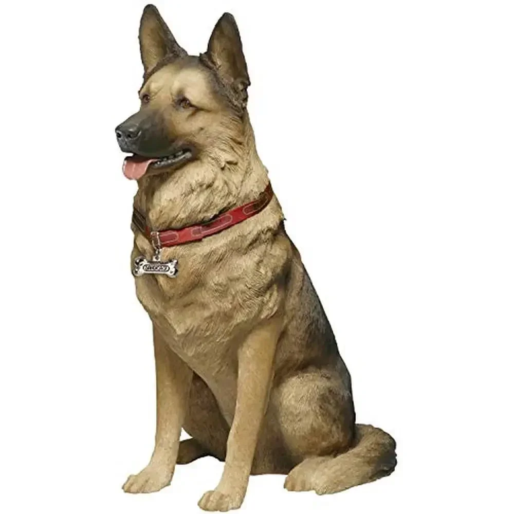 Large Sitting German Shepherd Sculpture with Red Collar Alert and Realistic 25x13x28 inches Handcrafted Life Size Figurine by