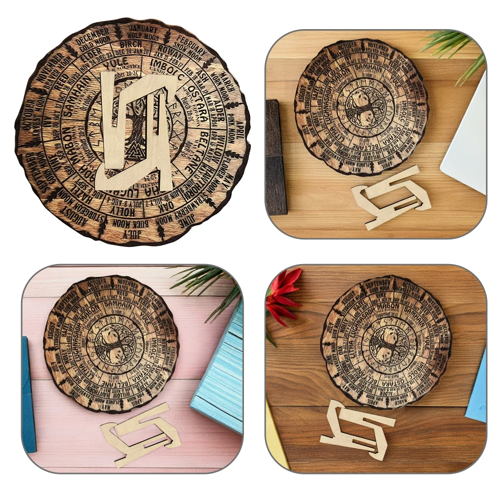 

Handmade Tree Calendar Wooden Ornaments Vintage Decor Wheel of The Year Plaque Retro Office
