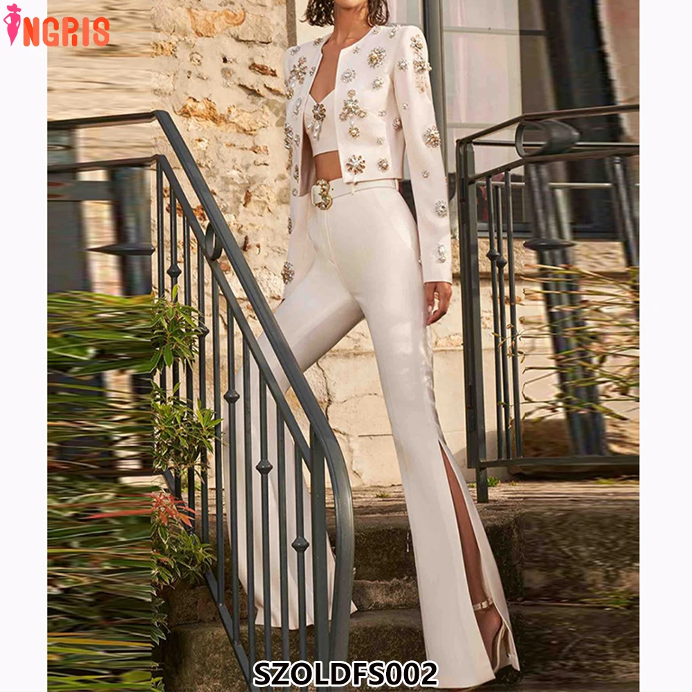 

2025 High Quality Women's Rhinestone Suit Set Fashion Luxury Jacket Pants Set-SZOLDFS002