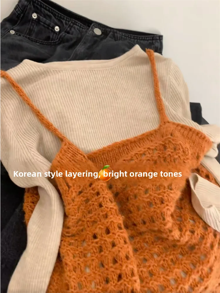 

plus Size Women's Orange Long Sve Base irt Casual Layering Faionable Two-Piece Set Spring Autumn Korean Sle