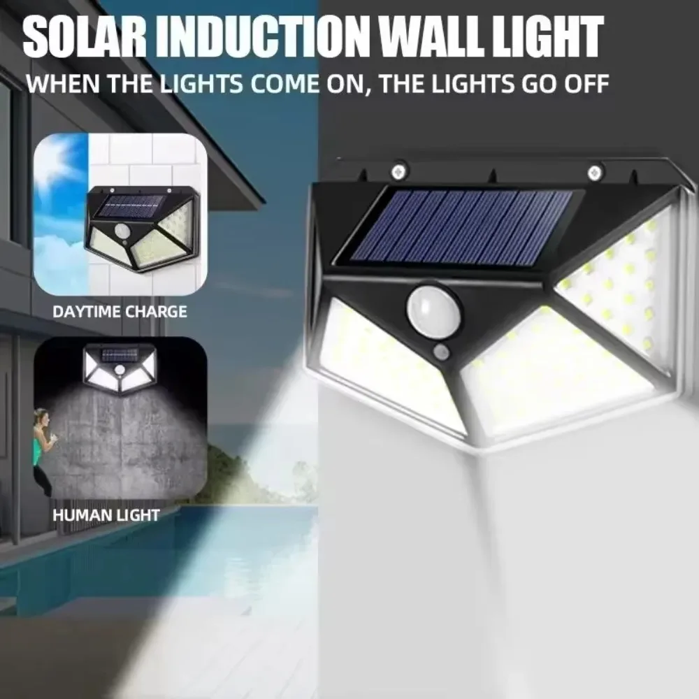 Solar Powered 100 LED Motion Sensor Wall Light, Waterproof Outdoor Security Lamp for Garden, Fence, Yard, Pathway Decoration