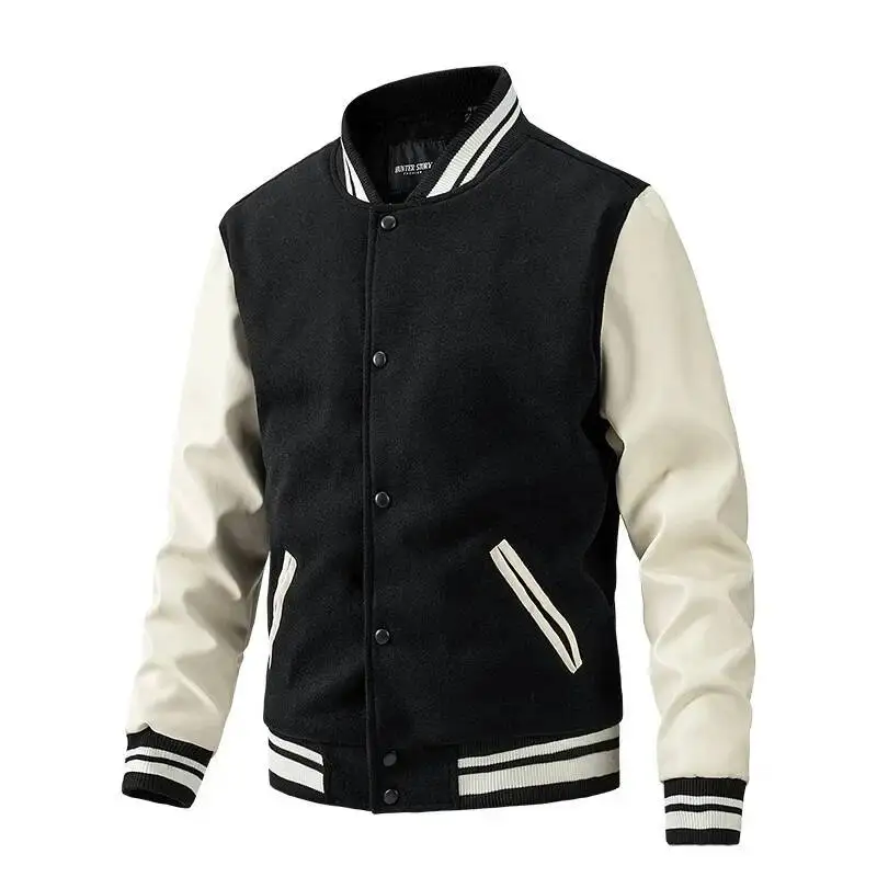 

Men's Fashionable American Style Baseball Jacket Autumn Winter Wool PU Sleeve Casual Outerwear Coat Regular Length