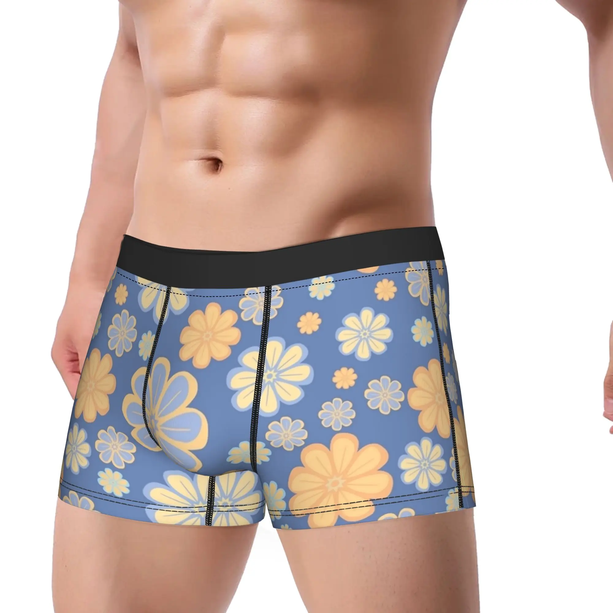 Cute pastel floral pattern on blue background Underwear  Print Trunk Hot Sale Male Panties Soft Trend Boxer Brief