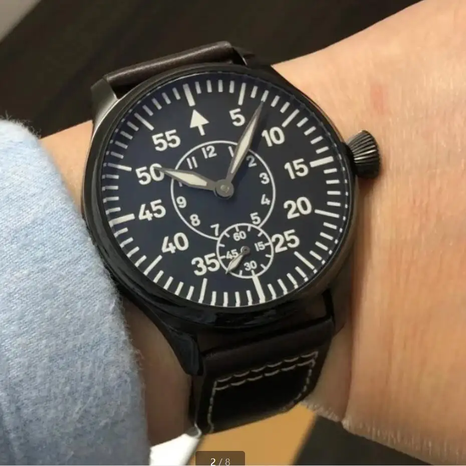 44mm NO LOGO Asian 6498 Watch Sapphire Crystal Or Mineral Glass PVD Case Luminous Mechanical Pilot Watches GR0518-24