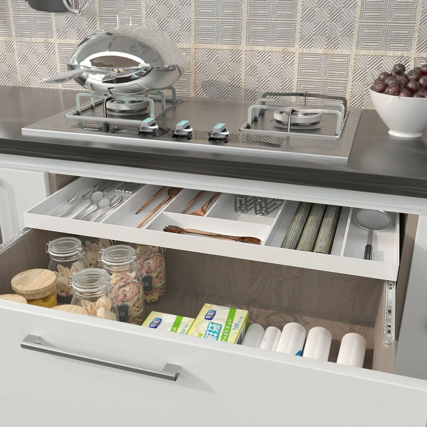 Short acrylic drawer type with track, no punching, middle drawer, cupboard, divided tableware storage box