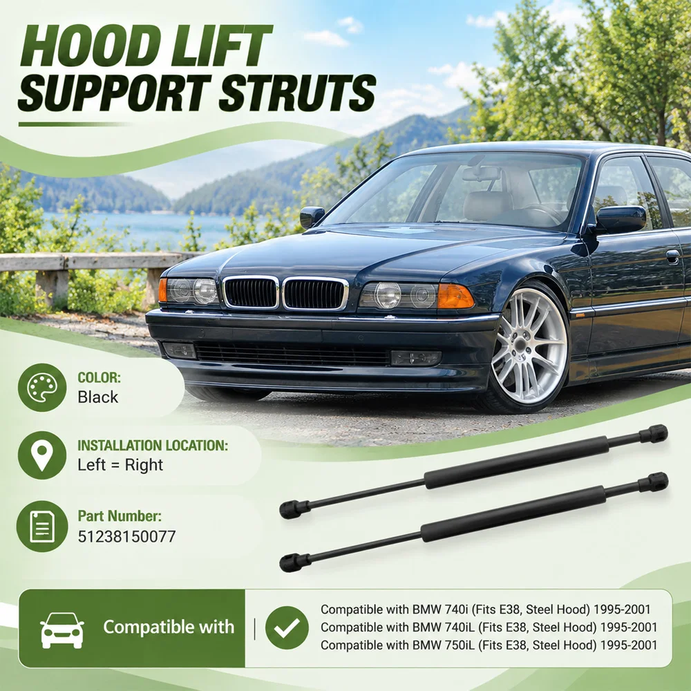2pcs For BMW 740i 740iL 750iL E38 1995 1996 1997 1998 1999 2000 2001 Front Bonnet Hood Lift Support 51238150077 Left and Right