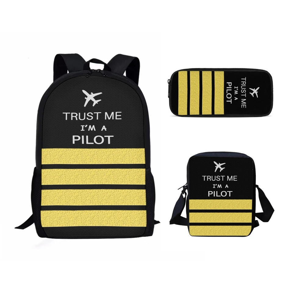 Carta piloto de avión impresión 3D 3 unids/set mochilas escolares para alumnos mochila para ordenador portátil bolso de hombro inclinado estuche para lápices bolsa de almuerzo