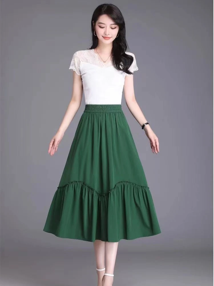 

Cotton Linen A-Line Pleated Midi Skirt Women's Mid-Length Summer New Sle High Waist Wide Hem Long Skirt Materni Wear
