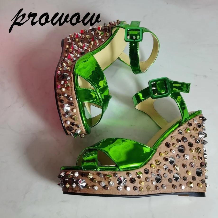 Prowow Neue Gold Rot Niet Keile Sandalen Ankle Strap Plattform alias de mujer