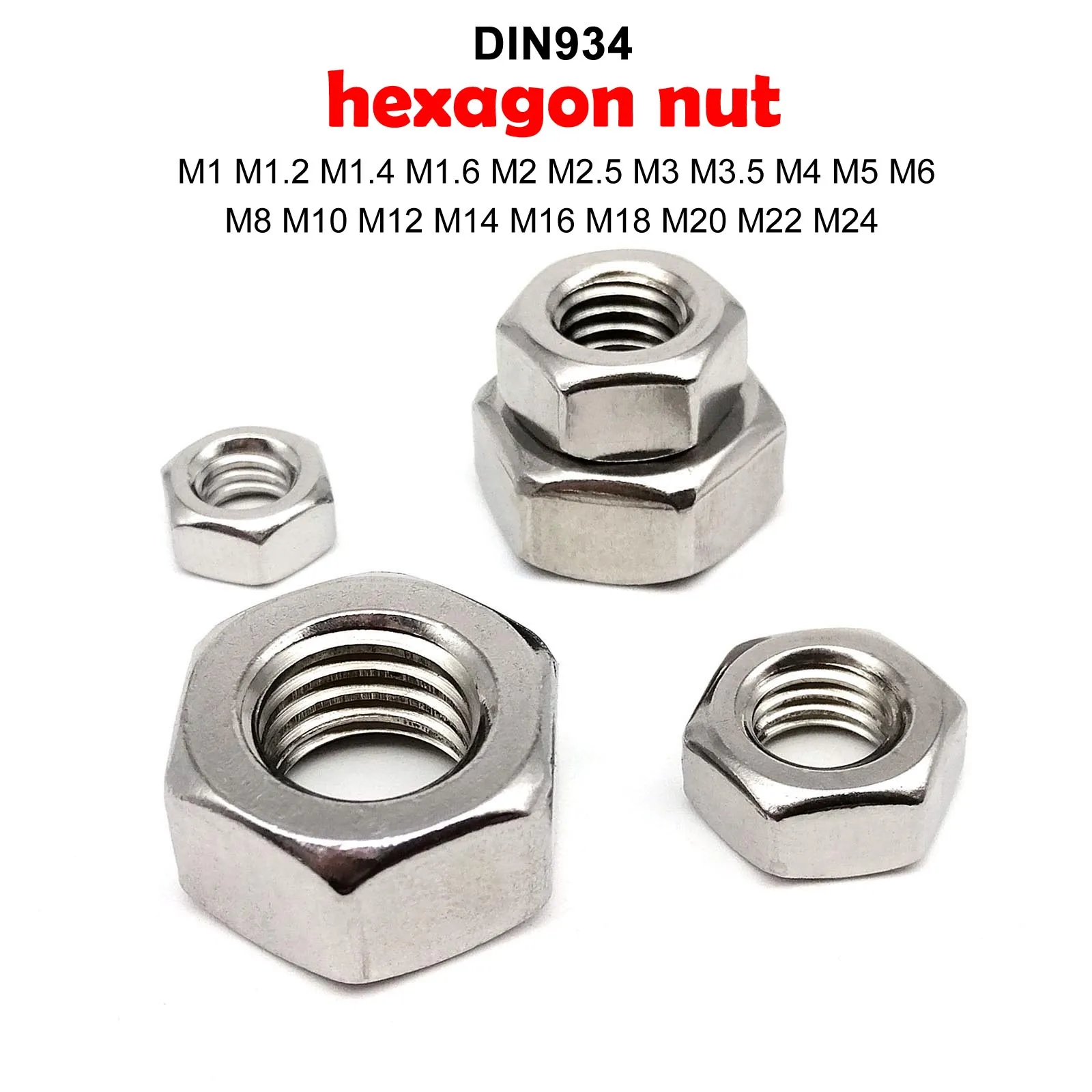 10/25/50/100/200/500 Uds M1 M1.2 M1.4 M1.6 M2 M2.5 M3 M3.5 M4 M5 M6 M8 M10 M12 DIN934 A2 304 tuerca hexagonal de acero inoxidable