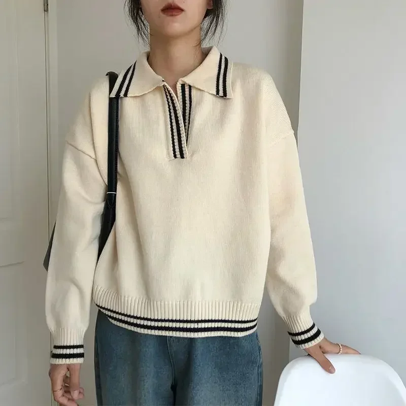 Deeptown Vintage Basic Gray Women Sweater Long Sleeve Striped Loose Korean Fashion Knit Pullovers Preppy Autumn Jumper Casual