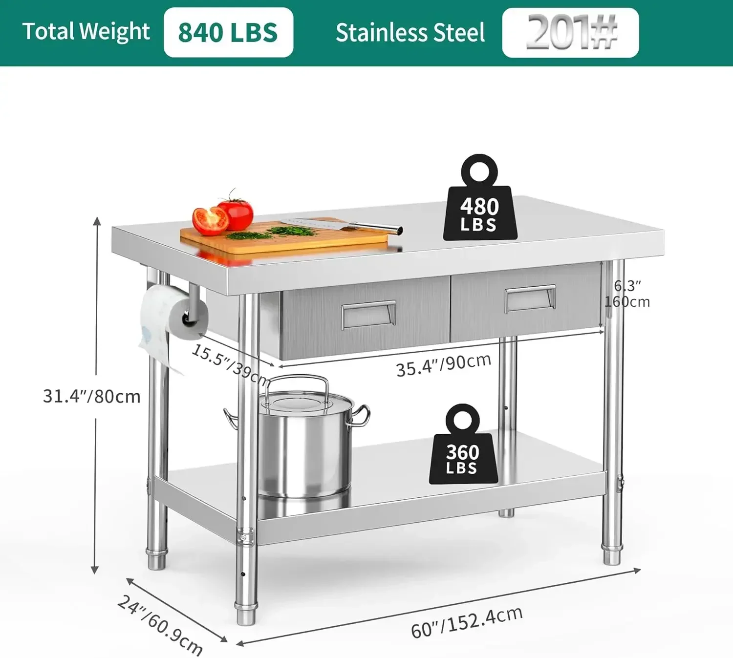 Stainless Steel Table with 2 Drawers, NSF Work with Drawer, Metal Prep Table for Home Kitchen Restaurant Garage Ware