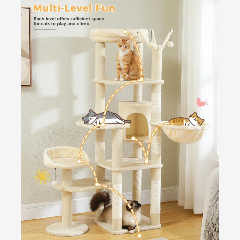 60.62 Inches Multi-Level Cat Tree Cat Tower for Indoor Cats with Sisal-Covered Scratching Post, Cozy Cat Condo, Padded Top Perch