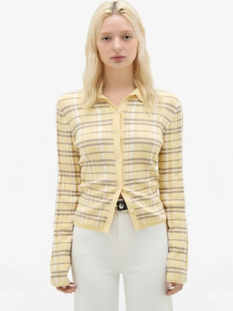 Slim Fit Korean Sle Knitted Cardigan Long Sve  Collar Striped Casual Faion Autumn New Arrival Women's Knitwear
