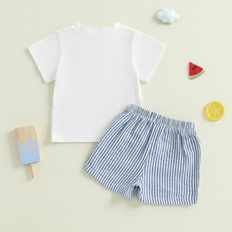 Baby Toddler Boy Shorts Set Boat Embroidery Short Sleeve T-shirt Striped Elastic Waist Shorts 2 Piece Summer Outfit