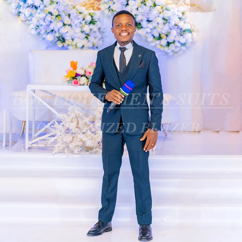 

Blue Men's Suits 3 Piece Jacket Pants Vest Elegant Single Breasted Peak Lapel Slim Fit Outfits Wedding Groomsmen Male Clothing