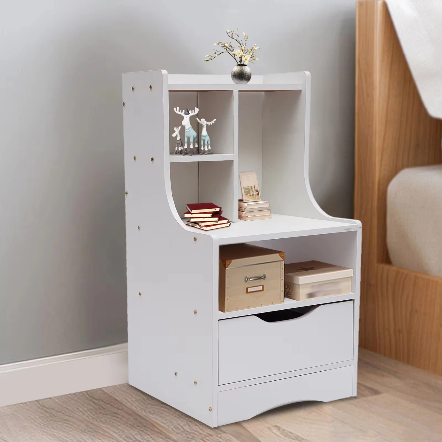 Wood Nightstand with Drawer and Open Shelf Multifunctional Bedside Cabinet Free-Standing Bedroom  Side Table