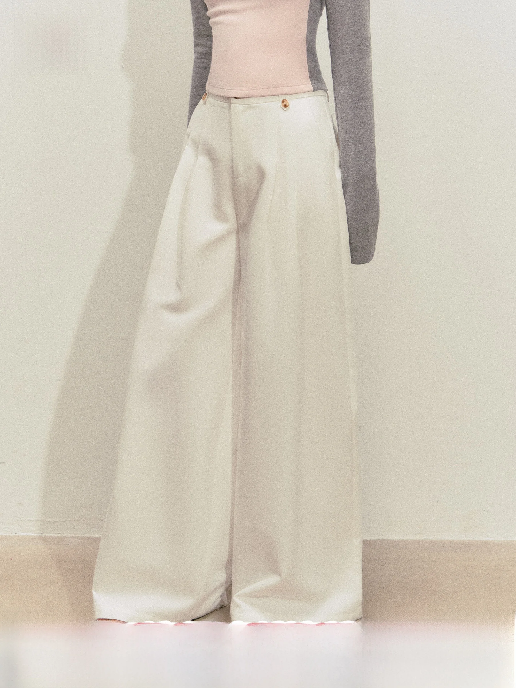 

FFREEDOM Cry Mist Folded Waist Wide Leg Pants Loose Casual Trousers Ladies Comfortable Breathable Straight Tube Pants