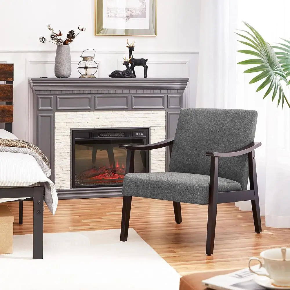 كراسي حديثة من منتصف القرن، قماش كتان، مساند للذراعين وأقدام صلبة، طقم مكون من قطعتين، رمادي داكن لغرفة المعيشة/غرفة النوم #2