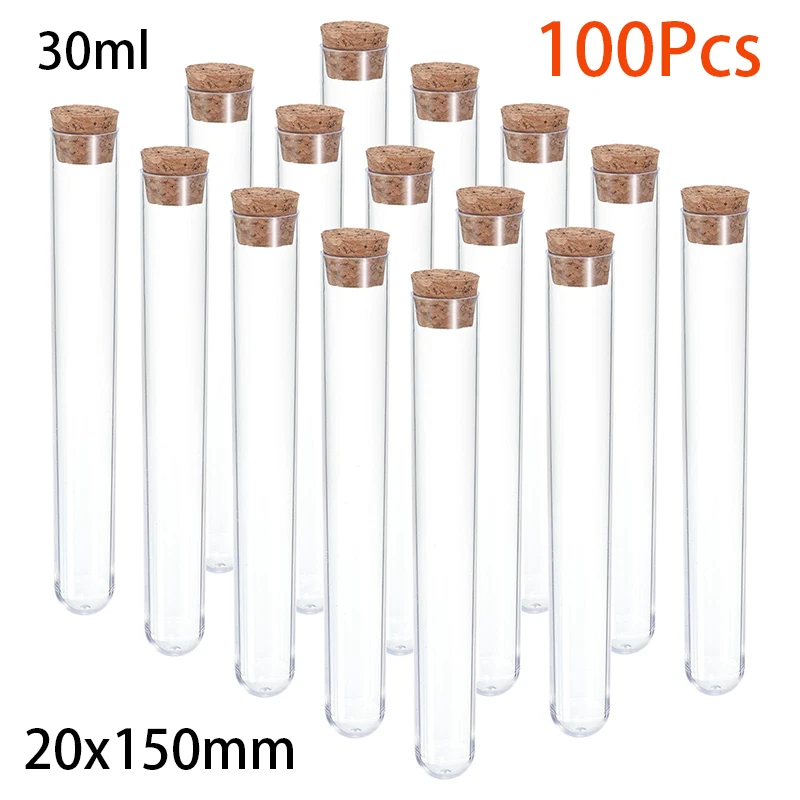 Tubos de ensaio de plástico com rolhas de cortiça, 100 peças, 30ml, 150x20mm, decoração científica de festa, armazenamento de contas de doces, uso em laboratório