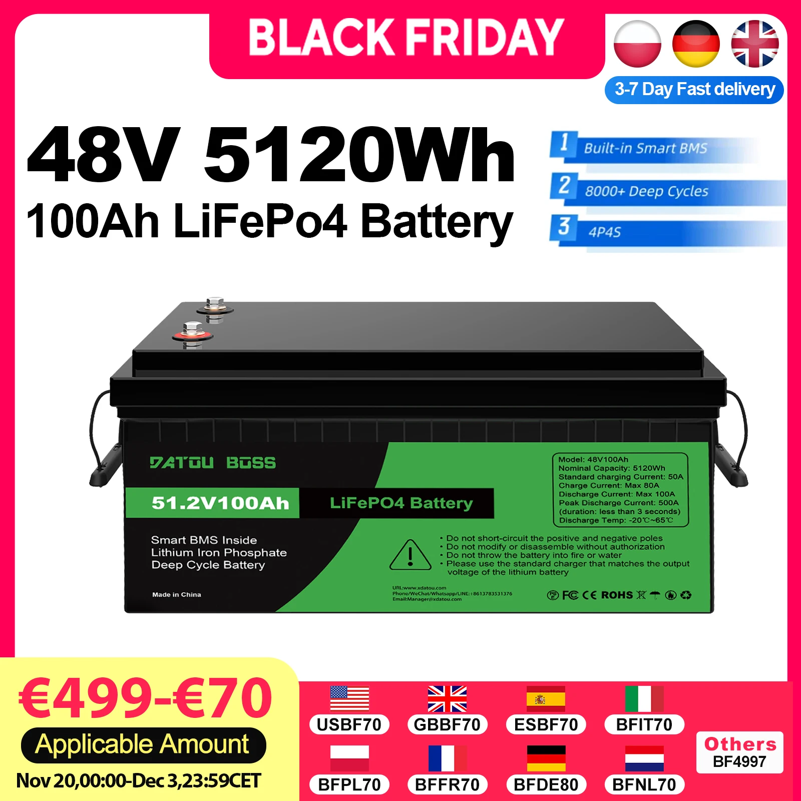 

DATOUBOSS 48V100Ah Power Lifepo4 Lithium Battery 8000+ Deep Cycles Smart BMS Use for Inverters Solar System Boat Household