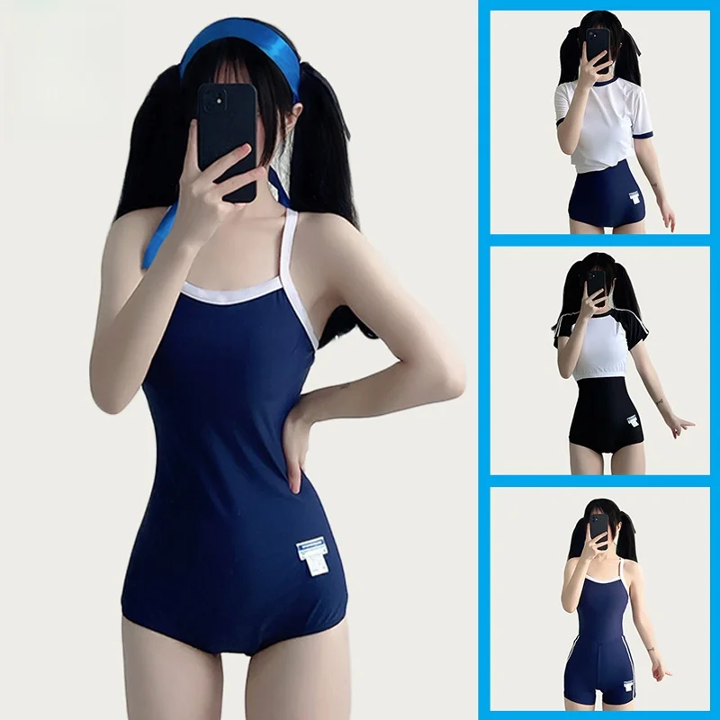 

School Student Swimsuit Japanese Sle Cute Girl Conservative Blue Dead Sea One-Piece Swimsuit Women Summer Triangular One-Pi...