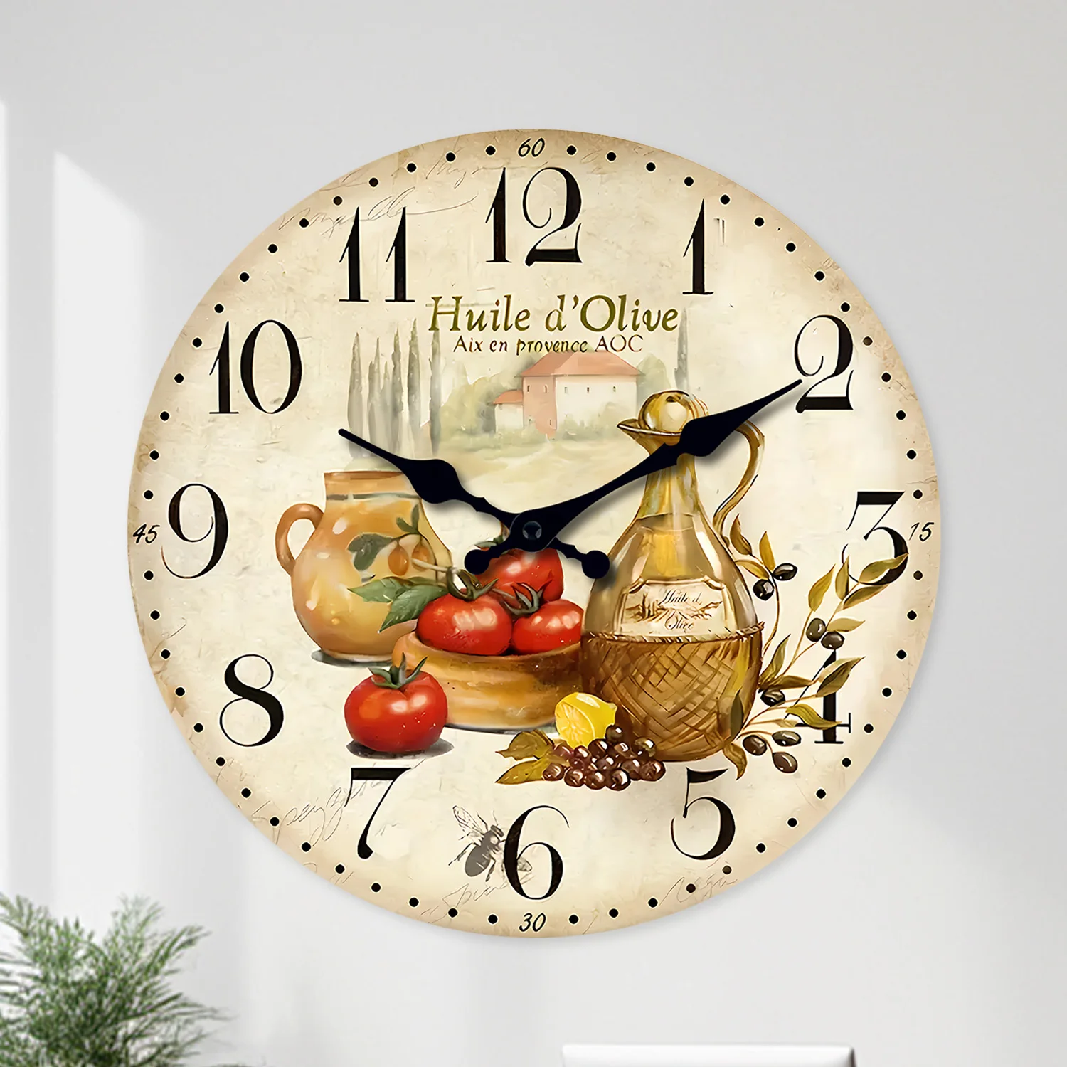 Provence Olive Oil and Tomato Pattern Wooden and Acrylic Wall Clock ,Round Silent Hanging Clocks Crafts Decor for Bedroom Home